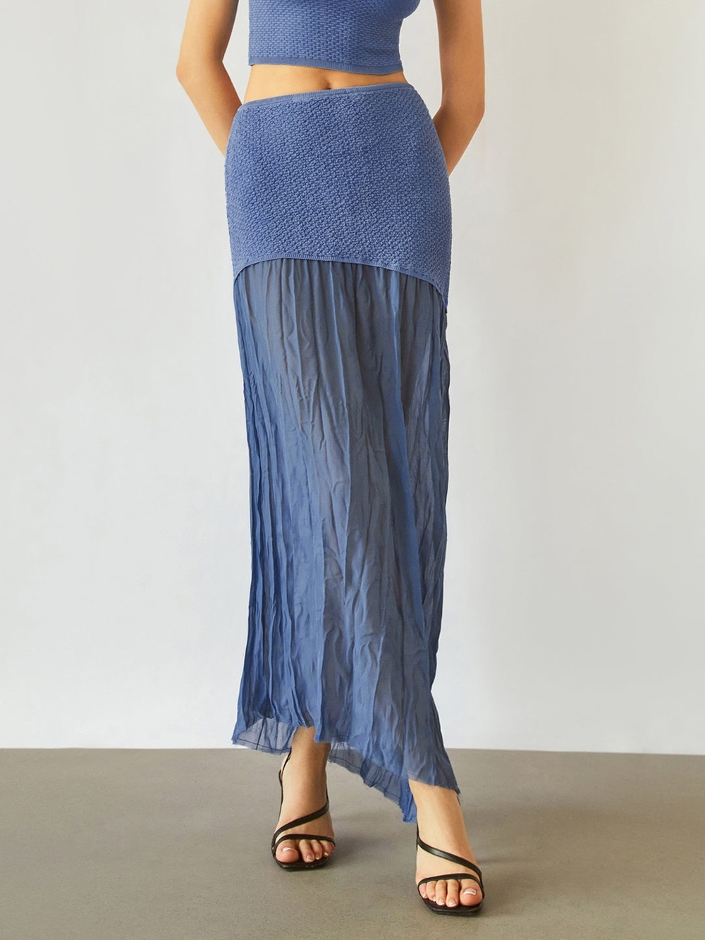 Commense Blue Patchwork High-Low Maxi Skirt Stretch Knit Size L